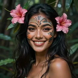 a beautiful portrait of a beautiful smiling woman in the jungle surrounded by pink flowers, tribal face paintings, matte painting, fantasy art
