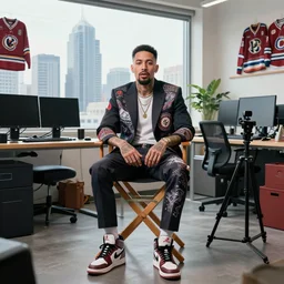 4 0 - year - old hipster creative executive, thin but muscular, tattoos peeking, short beard, sits in director's chair in maximalist office, speaking to camera on a tripod, wearing a custom suit and custom jordan shoes, supreme brand colabs and hockey memorability everywhere, skyscraper view out the window, digital art, trending on artstation