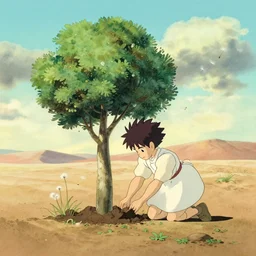 a wholesome animation key shot of goten planting trees alone in the desert by himself, studio ghibli, pixar and disney animation, sharp, disney concept art watercolor illustration by mandy jurgens and alphonse mucha and alena aenami, pastel color palette, dandelion seeds float, bloom, dramatic lighting