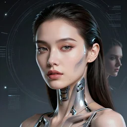 retrofuturistic portrait of extremely beautiful woman, minimal cybernetic enhancements, space graphics in background, close up, quint buchholz, wlop, dan mumford, artgerm, liam brazier, peter mohrbacher, raw, featured on artstation, octane render, cinematic, elegant, intricate, 8 k