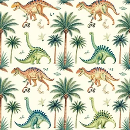 a colourful detailed symmetric pattern with dinosaurs and palm trees by William Morris