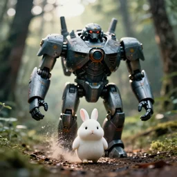 a 3 5 mm photo from the front of a giant mecha armored war delorean robot as chubby cute rabbit walking in the woods, splash art, movie still, bokeh, canon 5 0 mm, cinematic lighting, dramatic, film, photography, depth of field, award - winning, backlighting, overcast, 8 k, hyper detailed, 3 5 mm film grain