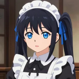 zoomed outbust shot of a blue eyed cute anime maid girl with black hair twintails and blue accents, large cowlick, ruffled shoulders, maid headdress. delicate lineart, anime art, finely drawn ( digital ), pointy chin. round face drawn by shinsekai yori