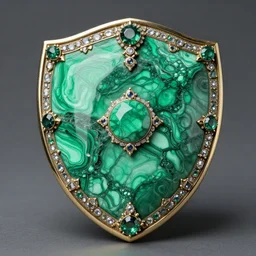 photograph of a real-life malachite shield with jewels.  Extremely detailed. 8k