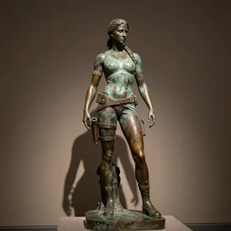 detailed photo of an old bronze patina full body statue of a beautiful lara croft, photorealism, intricate detail, museum diffuse lighting