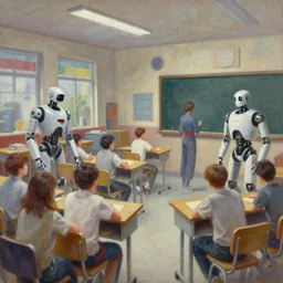 oil painting of a humans and robots in futuristic school, octane rendering, trending on artstation, thomas kinkade and james gurney