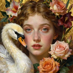 beautiful portrait of the goddess Aphrodite with a white swan, beautiful eyes, colourful roses and gladioli, close-up, face in focus, golden ratio, intricate oil painting by John William Godward and Anna Dittman, Neo-Gothic, Neoclassical, Neo-Gothic,