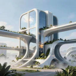 highly detailed futuristic architecture by le corbusier, reflective lighting, stylized vegetation, sky bridges, ground - level view, foggy atmosphere, stunning sunny lighting, sunrise, vivid colors, in the style of pixar animation, trending on artstation, 8 k, matte painting, ray tracing, hyper detailed, unreal engine 5, cinematic, epic lighting, cryengine, octane render, cyberpunk, red and orange glow