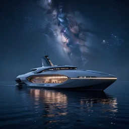 a futuristic sea cruiser sitting on a placid sea at night with the milky way above, sleek, aerodynamic, cabin lights, reflections, detailed, cgi, octane render