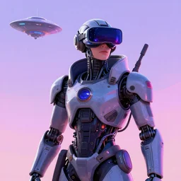 cyberpunk concept cool warrior bot, galaxy, ufo, space sci - fi, wearing vr goggles, illustration, portrait, pastel neon textured background night, trending on artstation, greg rutkowski, octane rendered, 1 2 k, detailed,