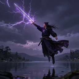 hyper realistic mystical wizard holding a sword that’s pointed towards the sky, sword is getting shocked by purple lightning, wizard is levitating over a lake, reflection, octane, trending on artstation, hyper realistic, highly detailed, 8k