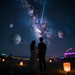galaxy background, couple in the middle, meteor shower on side, planets blur on the back, neon lights, cinematic scenery, floating light lanterns, trending on artstation, super detailed