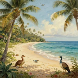 tropical beach paradise, rococo art style, animals and birds, highly detailed