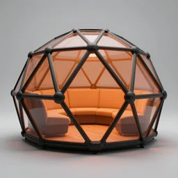photo of an innovative living pod, black and orange colour palette, geodesic structure, generative design
