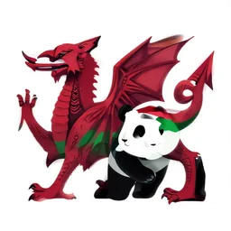 vector art of welsh dragon and panda mixed, intercrossed, chimera, welsh flag, adobe illustrator