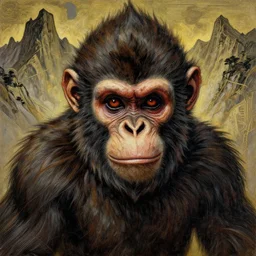 close up portrait of a monster monkey in the scary mountains of hell, oil painting by tomasz jedruszek and alphonse mucha, cinematic lighting, pen and ink, intricate line, hd, 4 k, million of likes, trending on artstation