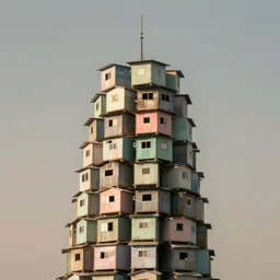 a tower made up of makeshift squatter shacks with pastel colours, phase one, uniform plain sky, fine details, photographed by julie blackmon