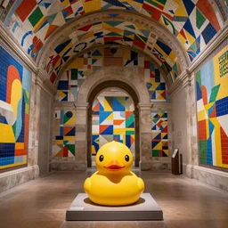 wide shot, one! photorealistic rubber duck in foreground on a pedestal in cavernous museum, the walls are covered floor to ceiling with colorful tesselated geometric wall paintings in the style of sol lewitt, tall arched stone doorways, through the doorways are more mural paintings in the style of sol lewitt.