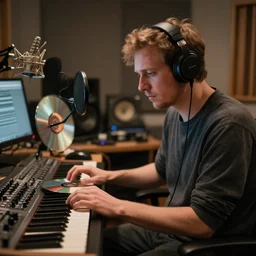A Nordic recording a disc in the music studio, Greg rutkowski, Trending artstation , Detailed, cinematographic
