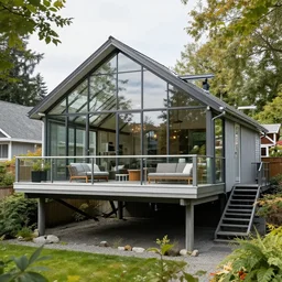 glass house on stilts with a balcony lounge at 2875 adanac.st vanvcouver,british columbia,canada