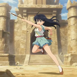 “an action shot of an anime girl in an ancient temple dodging an arrow attack in the air, anime style, sandstone detailed background”