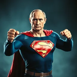 vladimir putin as superman, soviet son, ultra realistic, cinematic, action pose