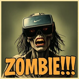 old film poster zombie wearing vr, text reads zombie,!!!!!!!!! zombie!!!!!!!!!