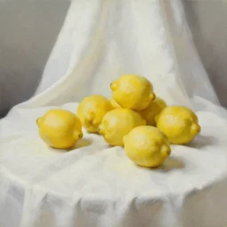 lemons dramatic lighting on white draping tablecloth, oil painting, pale colors, high detail, 8 k, wide angle, trending on artstation,