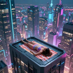 a girl on a beach towel on the roof of a building above a futuristic new york city, cyberpunk, ghostpunk, sci - fi, neon lights, highly detailed, by craig mullins