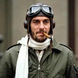 headshot of john belushi as wild bill keslo from the 1 9 7 9 movie 1 9 4 1, he is wearing an a 2 flight jacket from ww 2, a long white scarf wrapped around his neck, leather avatar cap on his head with flight goggles, he has a 5 o'clock shadow, a crazed look on his face and has a cigar dangling from his lips