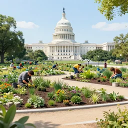 craft garden with people working on it built in destroyed washington dc, sunny day, volumetric light, hyperdetailed, artstation, cgsociety, 8 k
