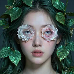 a surreal woman portrait with the crystal clear eyes covered by roses blooming, her hair covered by emerald mystic leaves, fantasy conceptual art, trending on artstation, hyperdetailed