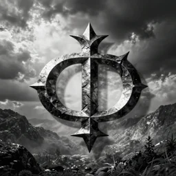 the letter phi, logo, deathmetal font, black and white