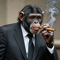 chimp wearing a suit and smoking a cigar