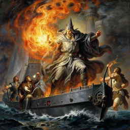 stunning male master wizard destroying a war ship by his fire spell, highly detailed painting by gaston bussiere, craig mullins, j. c. leyendecker, 8 k