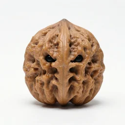 a stern big walnut with two stern eyes and a mouth, white background