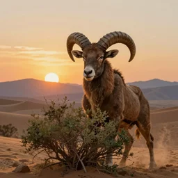 ram caught with its horn in a bush. Desert mountain background. Sunrise. digital painting, by Frank Frazetta and Yusuke Murata, concept art, highly detailed, promotional art, HD, digital painting, trending on ArtStation, golden ratio, rule of thirds