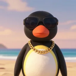 a wholesome animation key shot of pingu with a gold chain necklace at the beach, wearing sunglasses, medium shot, waist up, pixar and disney animation, sharp, rendered in unreal engine 5, anime key art by greg rutkowski, bloom, dramatic lighting