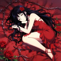 full color anime woman resting in a bed of thorns, red roses.