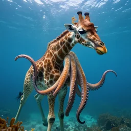 underwater realistic hibrid jiraffe with tentacles, subsurface scattering, hd, 8 k, hdr