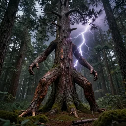 large pine tree with legs and arms covered in bark stomping through the forest, cinematic atmosphere, dramatic lightning, 4k, photo-realistic, hyper-realism, octane render, digital illustration, trending on Artstation,