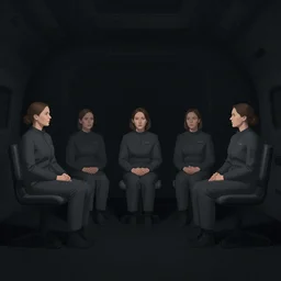 all - female crew in a minimalistic, dark ( spaceship ), by jon foster.