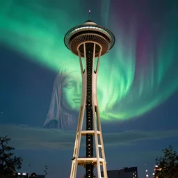 gigantic virgin mary face faded into intense vivid aurora above space needle centered big sky film long exposure fuji wide angle national geographic