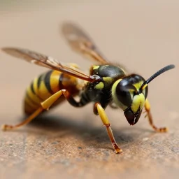 detailed picture of a wasp on a table. Macro lenses. Up close. Zoom. 4k.