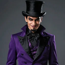 portrait, a slender man with tan skin, wearing purple and black ringmaster attire suit, nefarious smirk, black hair, black top hat, goatee, villain, style by donato giancola, wayne reynolds, jeff easley dramatic light, high detail, cinematic lighting, artstation, dungeons and dragons
