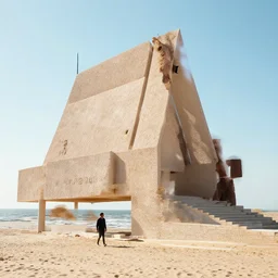 a man walking on a beach, bright sky, monumental ruins, digital art, professional quality