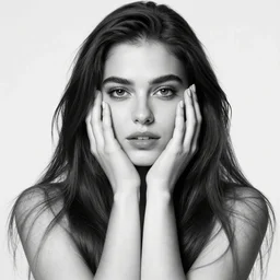 photo by lee jeffries, black and white, beautiful woman, long hair, hands on her face, seductive, face shot, facing the camera