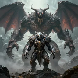 the argonath with a giant balrog rising up behind it