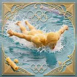 olympic swimmer made of pasta doing a butterfly stroke, splash, art deco intricate ripples, fantasy, elegant, highly detailed, sharp focus, art by artgerm and beeple and greg rutkowski and wlop