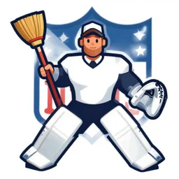 janitor holding broom in goalie pose, vector logo, professional NFL sports style, flat colours, bright colours, SVG, professional, sharp edges